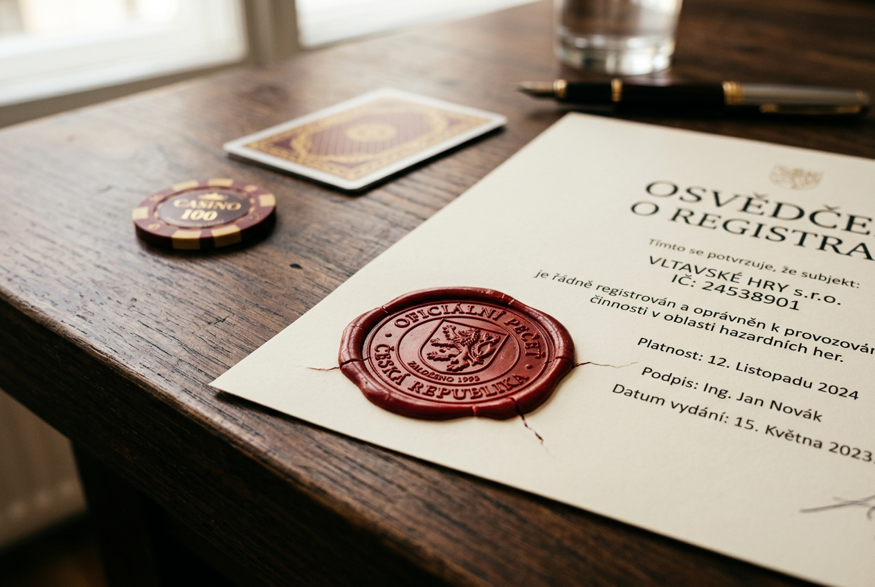 Ilustrace certifikátu s pečetí na tmavém dřevěném stole